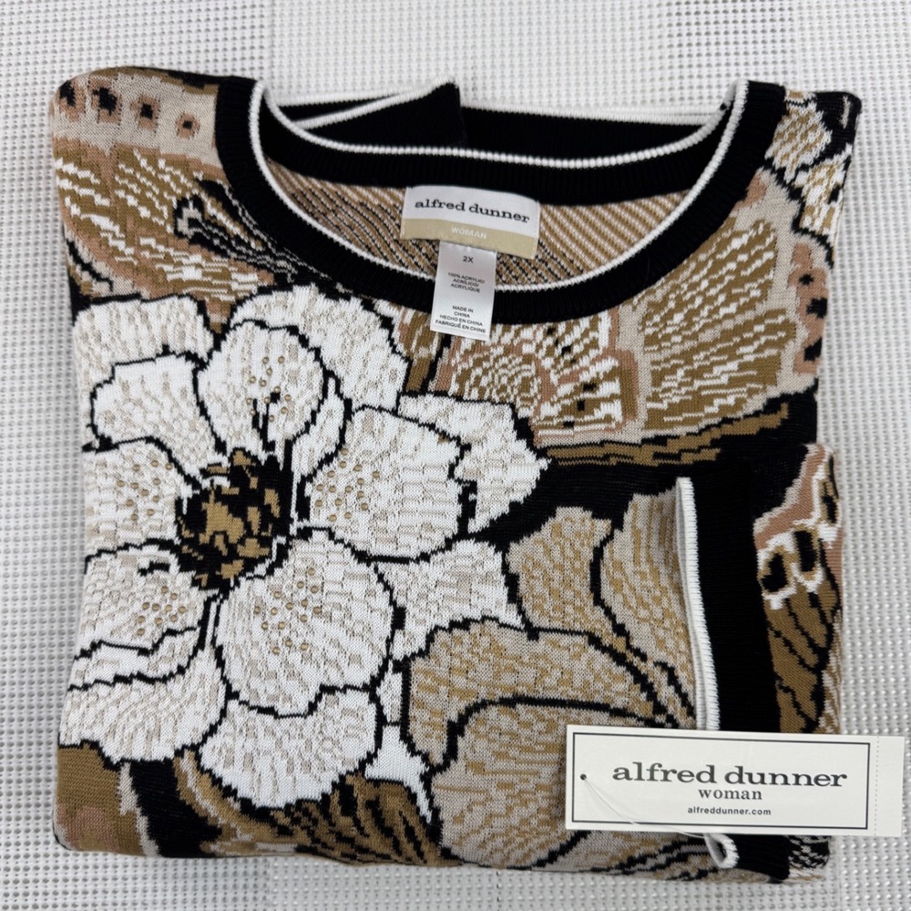 Alfred Dunner Seville Floral Butterfly Knit Sweater Neutral 2X NWT